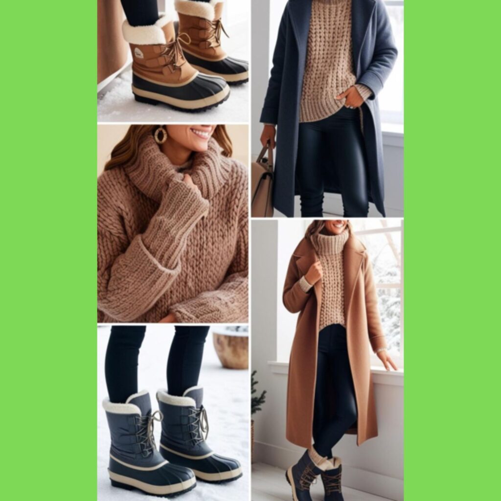 Cozy and stylish winter boots outfits featuring insulated boots, warm socks, thick sweaters, and winter coats paired with jeans or leggings.