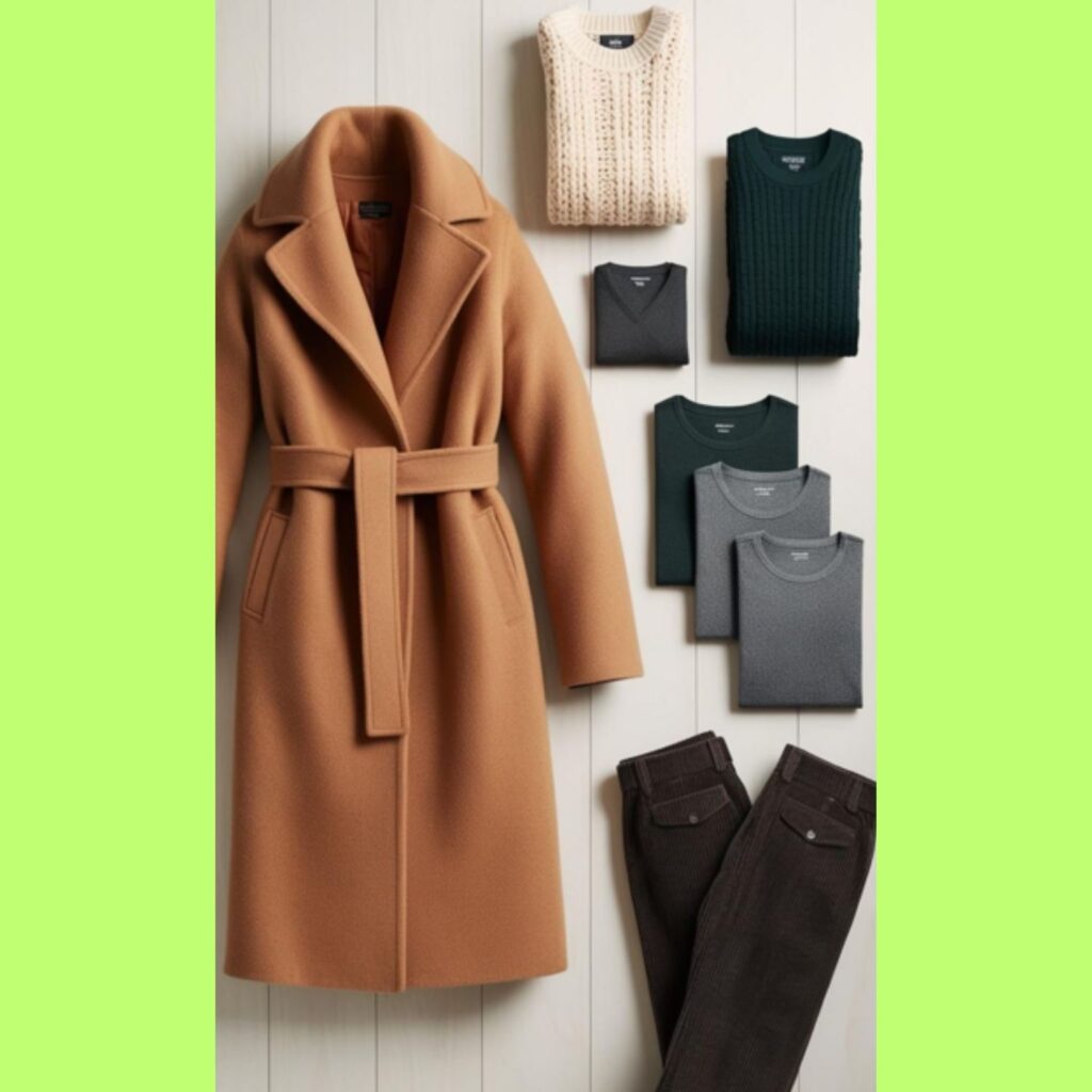 A selection of warm and cozy capsule wardrobe items ideal for winter, including a wool coat, chunky knit sweaters, thermal tops, and durable trousers.