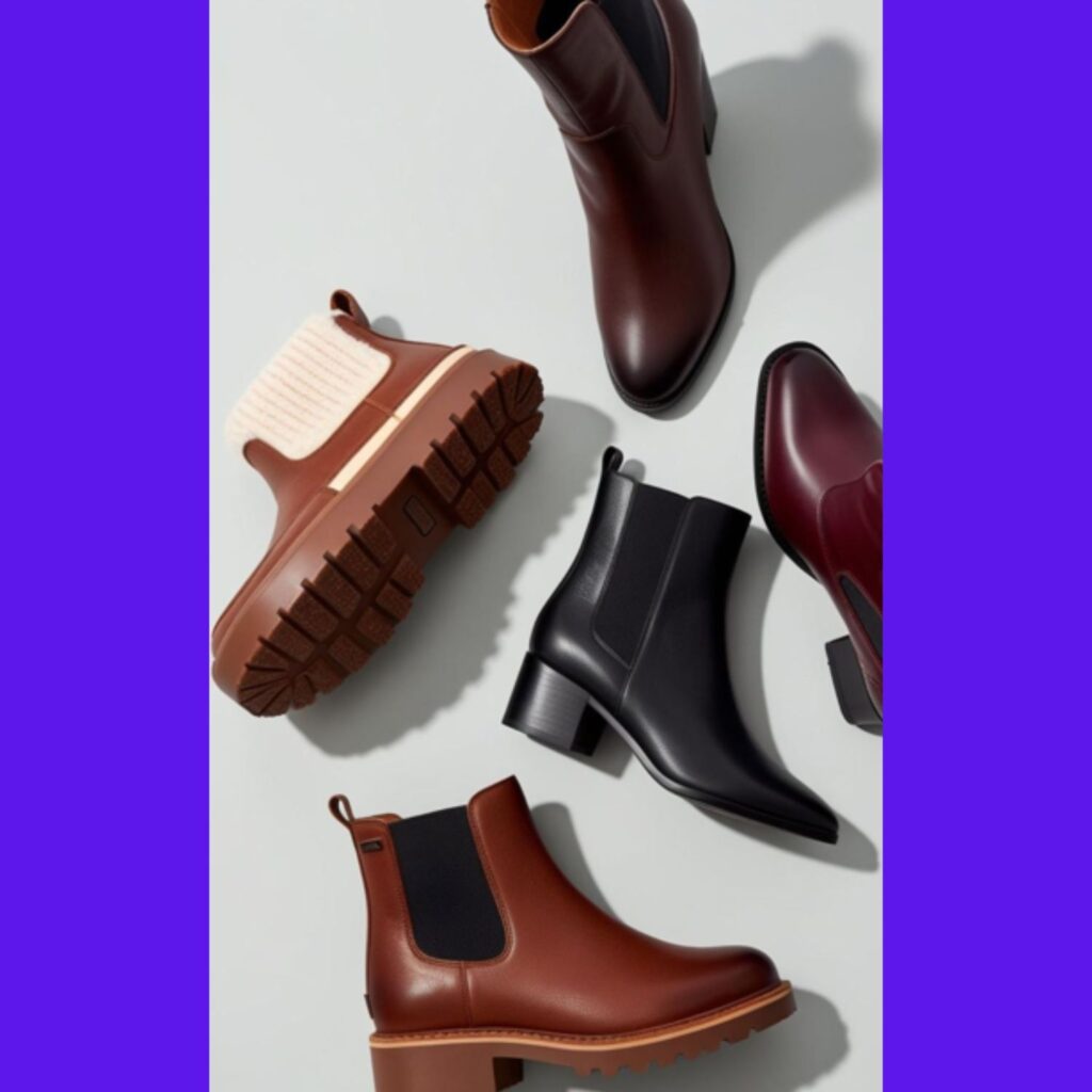 A selection of versatile winter capsule wardrobe shoes, including warm boots, stylish ankle boots, and perhaps a pair of dressier heeled boots.