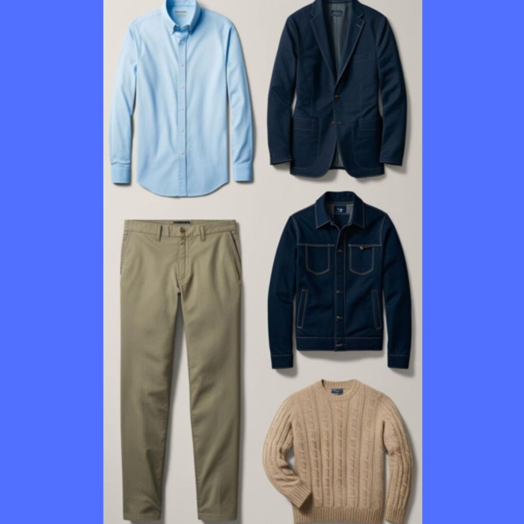 A curated collection of men's capsule wardrobe items, including a button-down shirt, chinos, a blazer, a denim jacket, and a casual sweater.