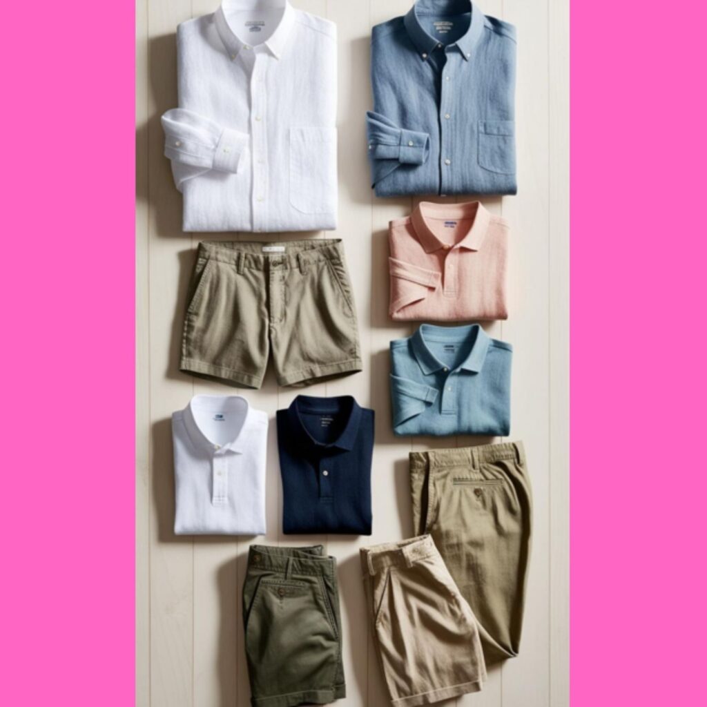 A collection of essential summer capsule wardrobe items for men, including linen shirts, chino shorts, polo shirts, and lightweight trousers.