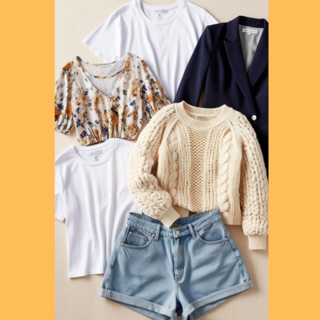 A flat lay showcasing different tops that can be paired with denim shorts, including a t-shirt, a blouse, a sweater, and a blazer.