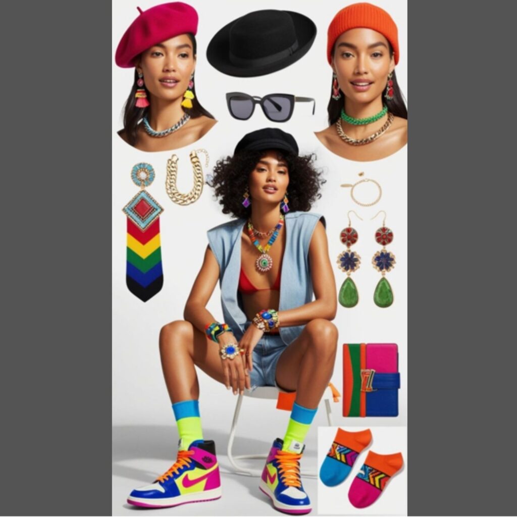 A styled outfit featuring sneakers enhanced with accessories like colorful socks, statement jewelry, and fashionable hats, adding a touch of personality.