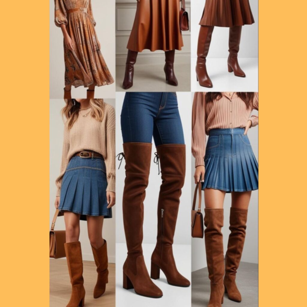 A collage showcasing diverse boots outfits for women, including ankle boots with dresses, knee-high boots with jeans, and over-the-knee boots with skirts.