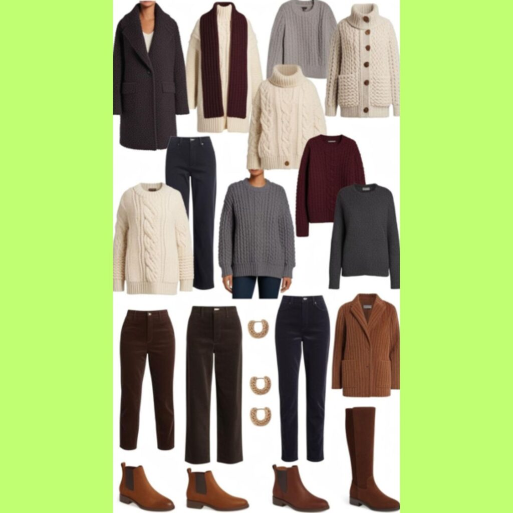 Several stylish and cozy winter capsule wardrobe outfits, showcasing different combinations of coats, sweaters, trousers, and boots.