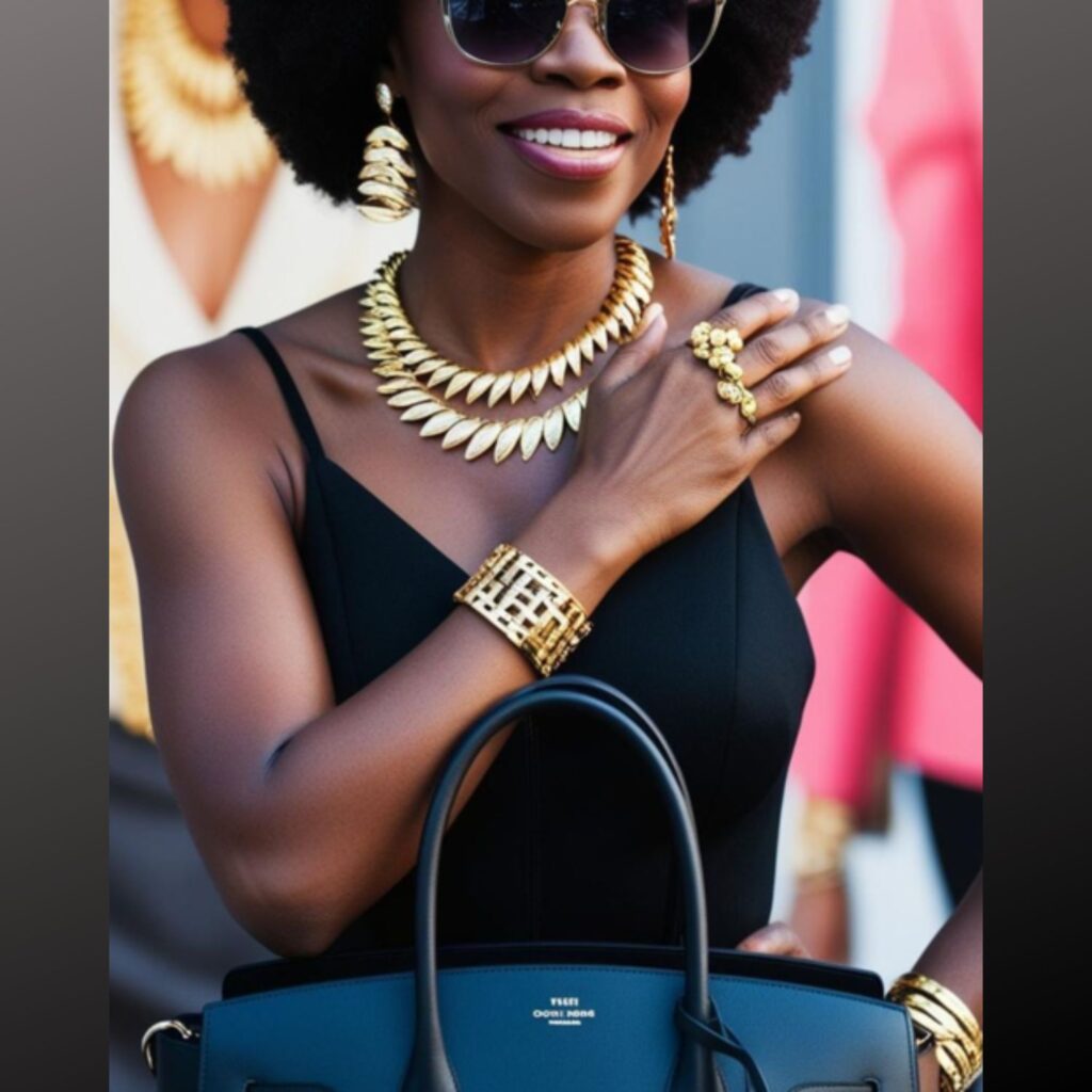"Baddie" black women essentials: eye-catching jewelry, sunglasses, and statement bags complete the look.