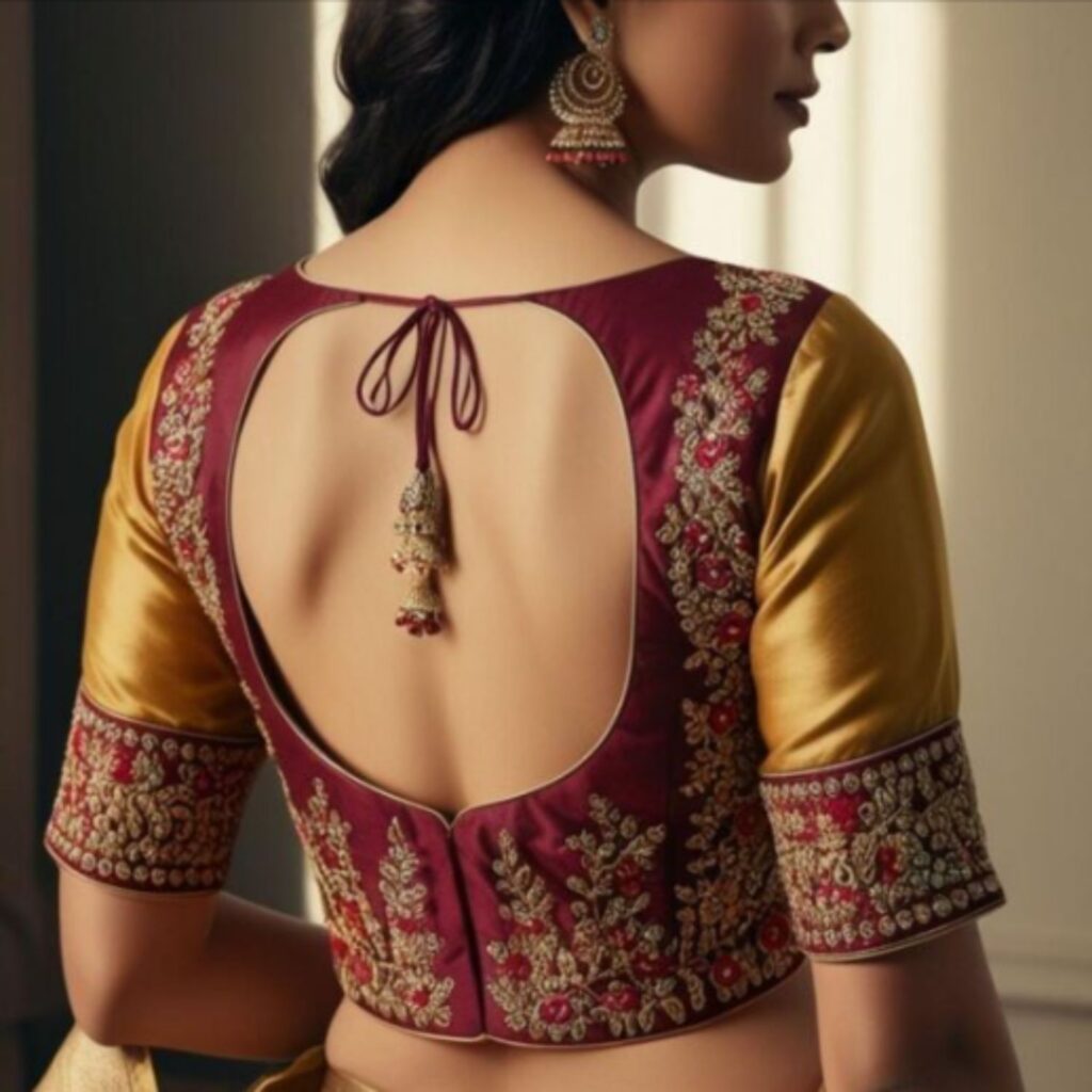 Trendy Indian plus-size blouse with a deep U-neck design creating a sensual and elegant back-focused look.
