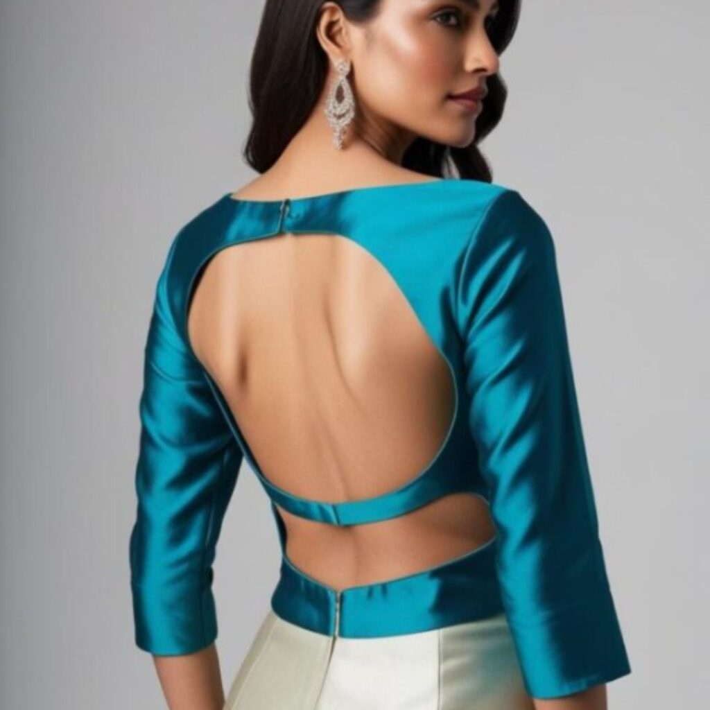 Trendy Indian plus-size boat neck blouse with back cutouts styled for a striking and modern evening look.