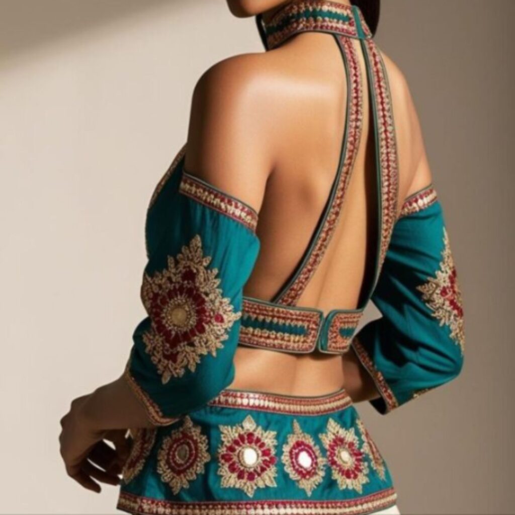 Trendy Indian plus-size halter neck blouse with intricate back detailing for a dramatic and sophisticated look.