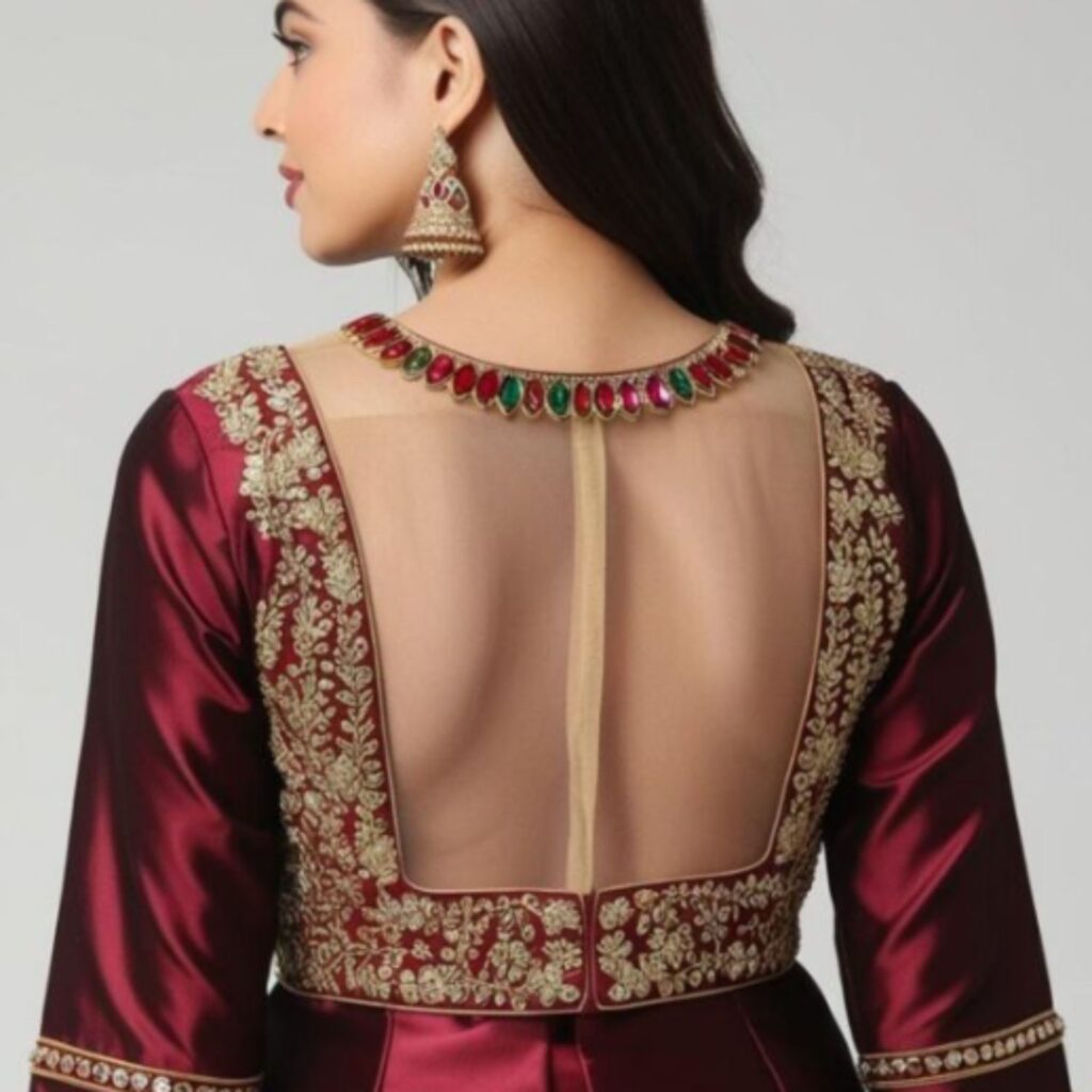 Trendy Indian plus-size blouse with a net back and intricate embroidery for a stunning and eye-catching design.