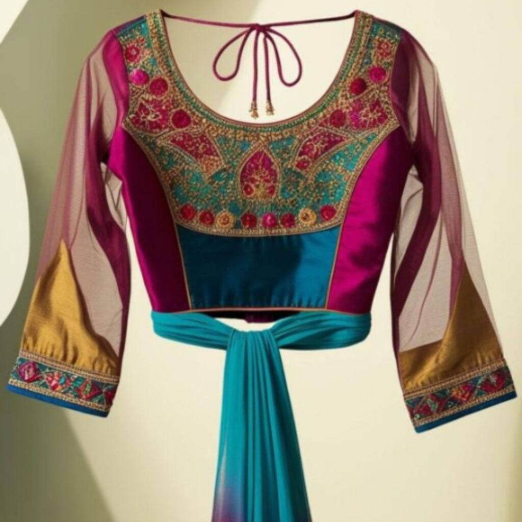 Trendy Indian plus-size blouse with a net yoke and tie-up back detail for a unique and stylish traditional look.