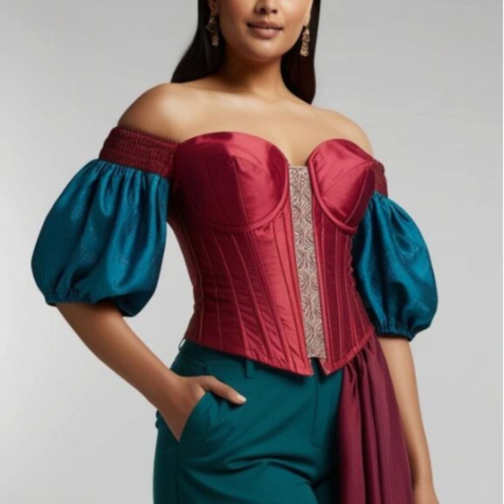 Trendy Indian plus-size blouse with off-shoulder puff sleeves, corset details, and sustainable fabrics for 2025 style.