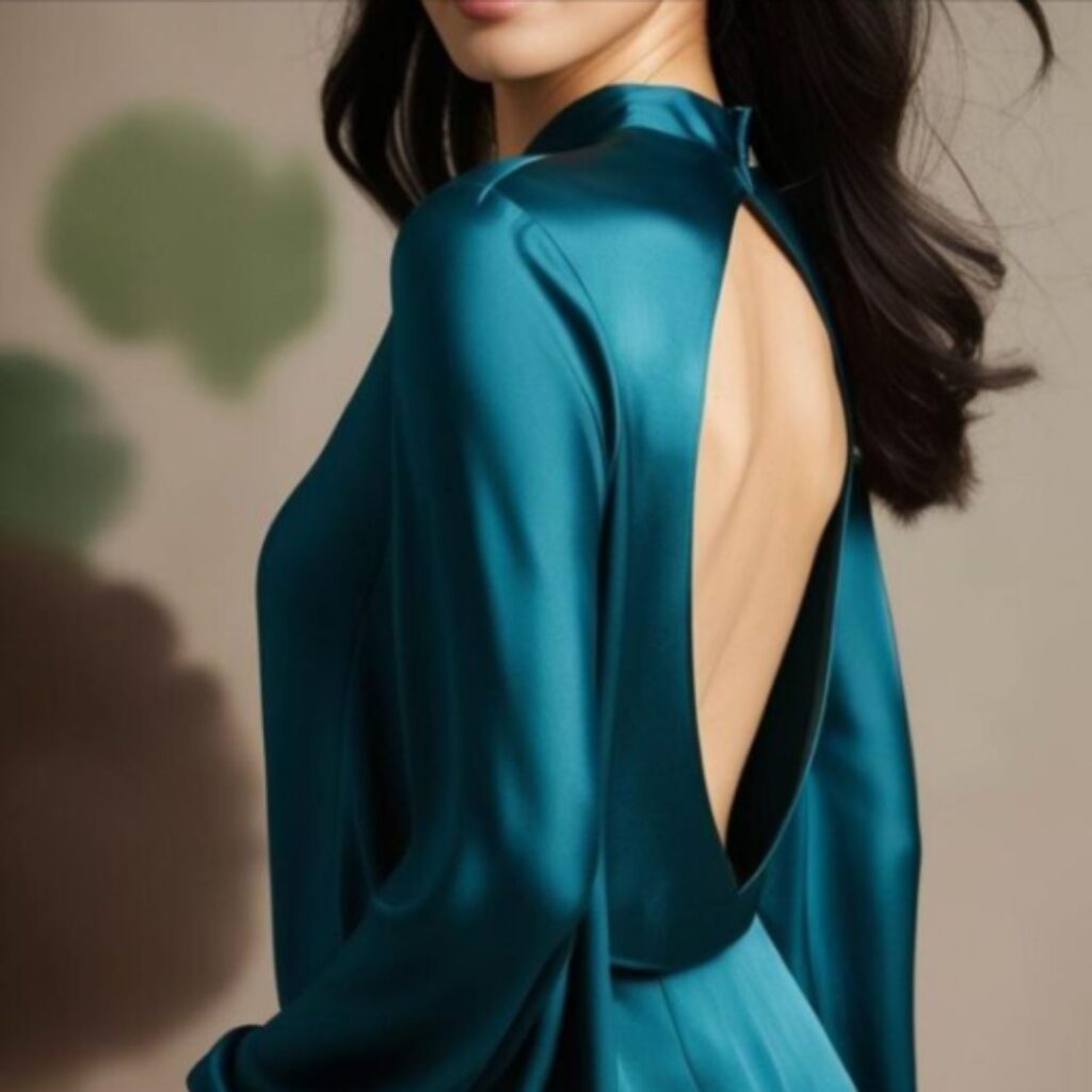 A beautiful woman wearing a blouse with a shell-shaped cutout at the back but not a shell itself.