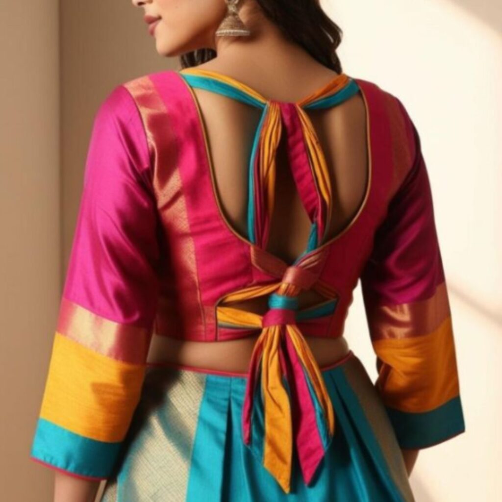 Trendy Indian plus-size blouse with knotted back details adding a playful and bohemian touch to the design.