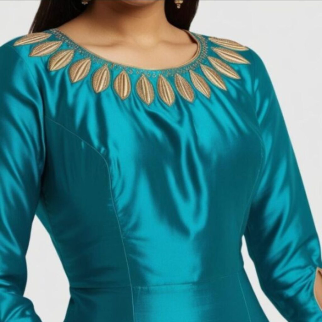 Trendy Indian plus-size blouse with shell-shaped cutouts adding feminine charm and elegant style to the look.
