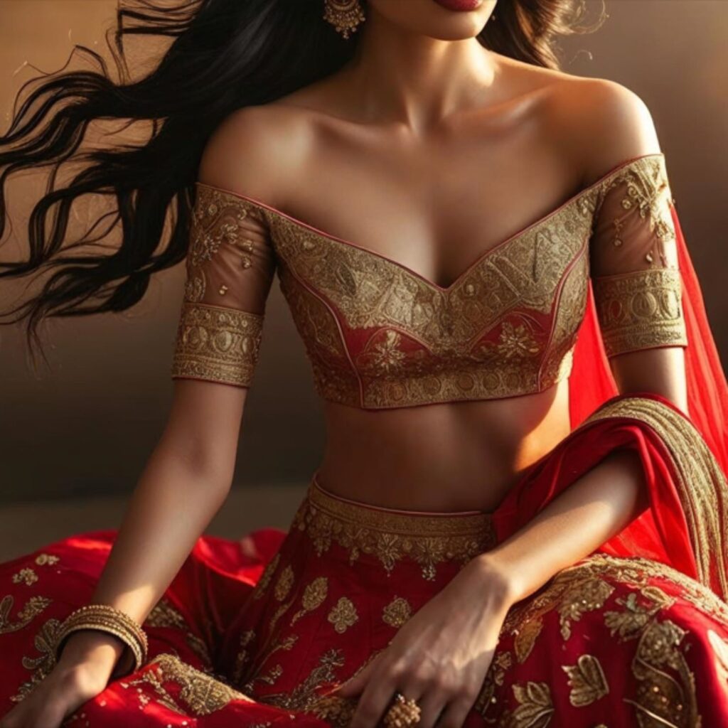 A stunning woman wearing a red lehenga with an off-shoulder blouse, adorned with intricate embroidery.