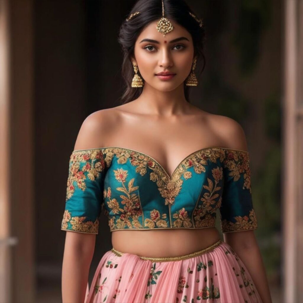 Trendy Indian plus-size off-shoulder blouse paired with a lehenga, creating a romantic and ethereal festive look.