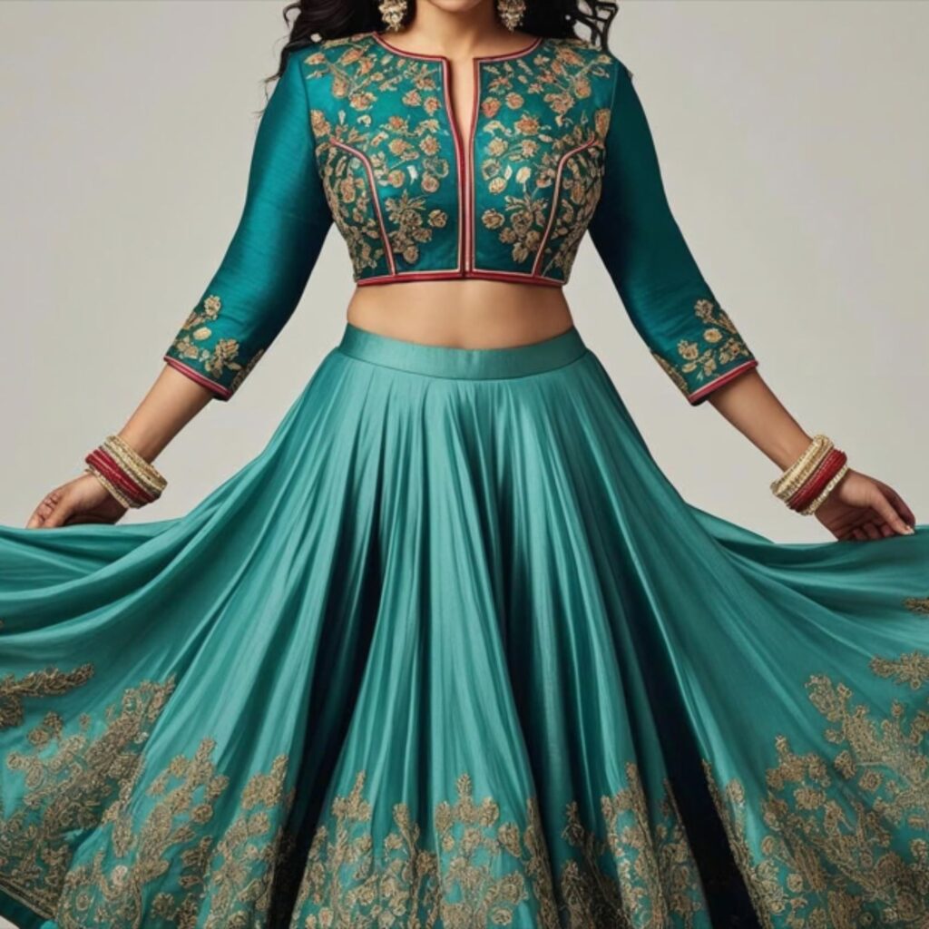 Trendy Indian plus-size peplum blouse styled with a flowing lehenga to create volume, flair, and a flattering silhouette.