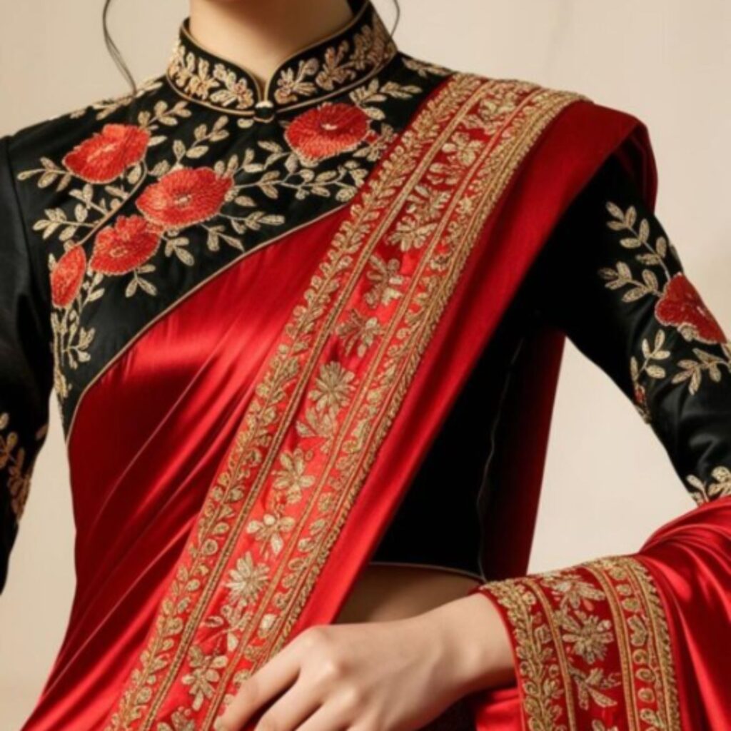 A lovely woman wearing a vibrant silk saree with a contrasting black embroidered blouse.