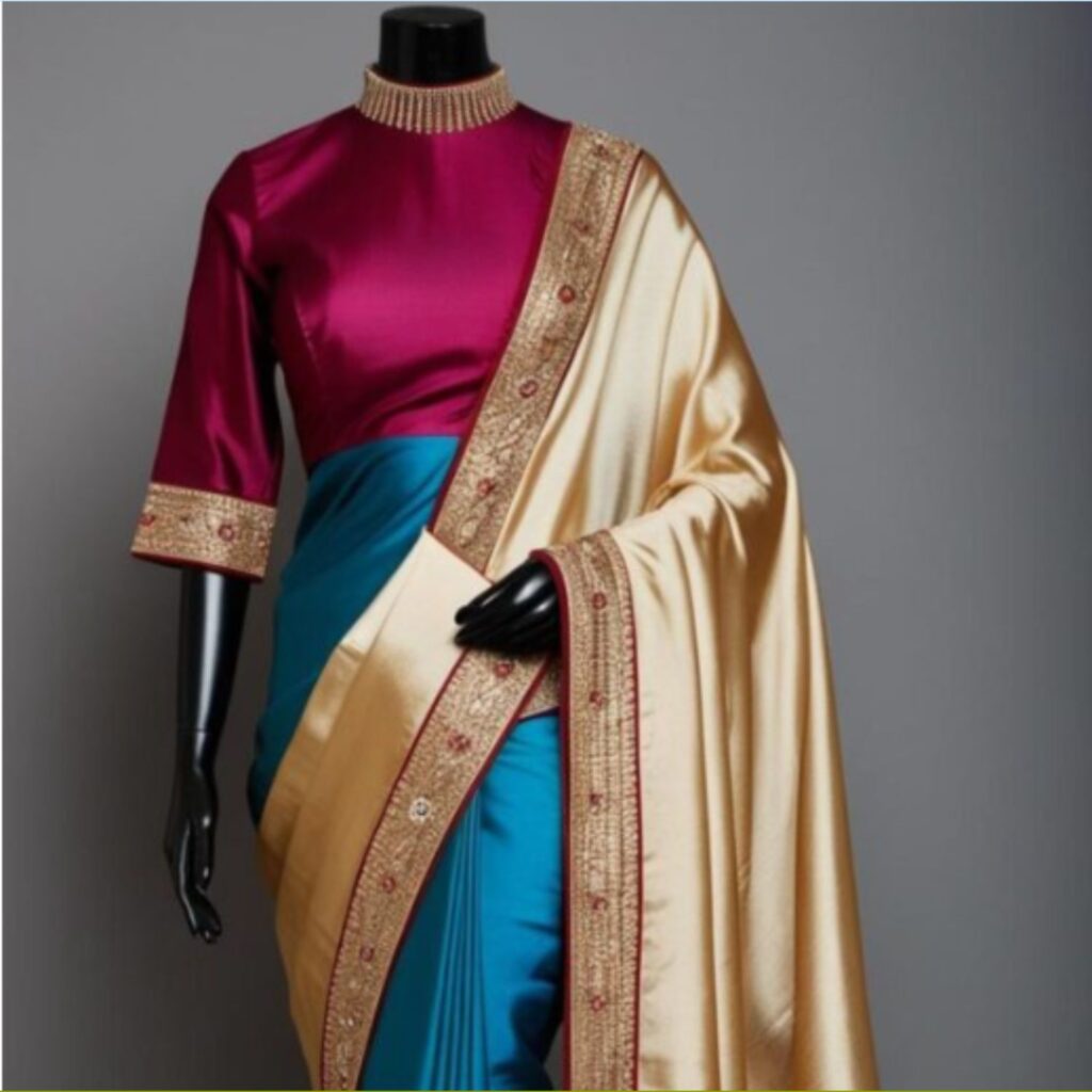 Trendy Indian plus-size high neck blouse paired with a silk saree for a sophisticated and elegant traditional look.