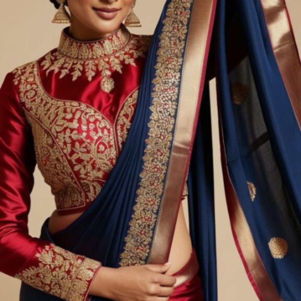 Trendy Indian plus-size blouse with intricate embroidery paired with a saree to enhance luxury and elegant craftsmanship.