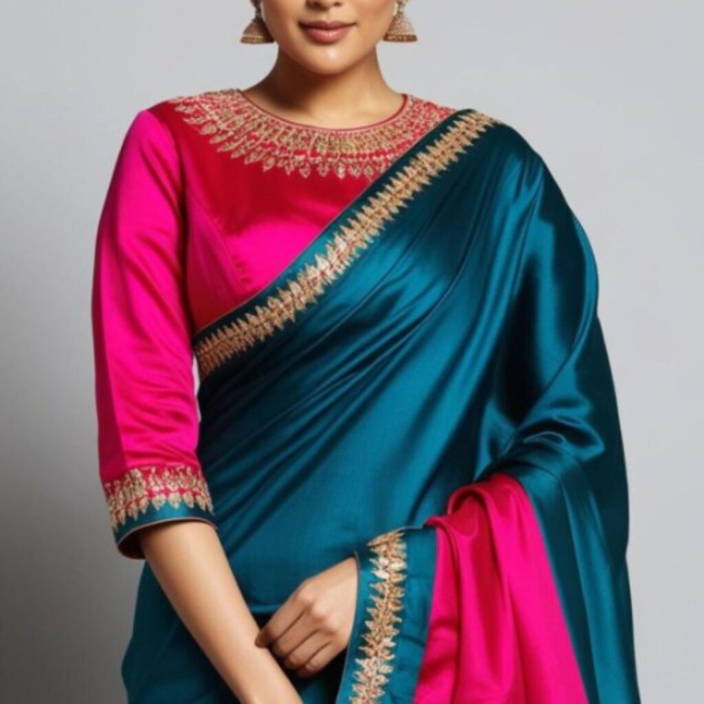 Trendy Indian plus-size blouse in a contrasting color paired with a saree for a striking and modern traditional look.