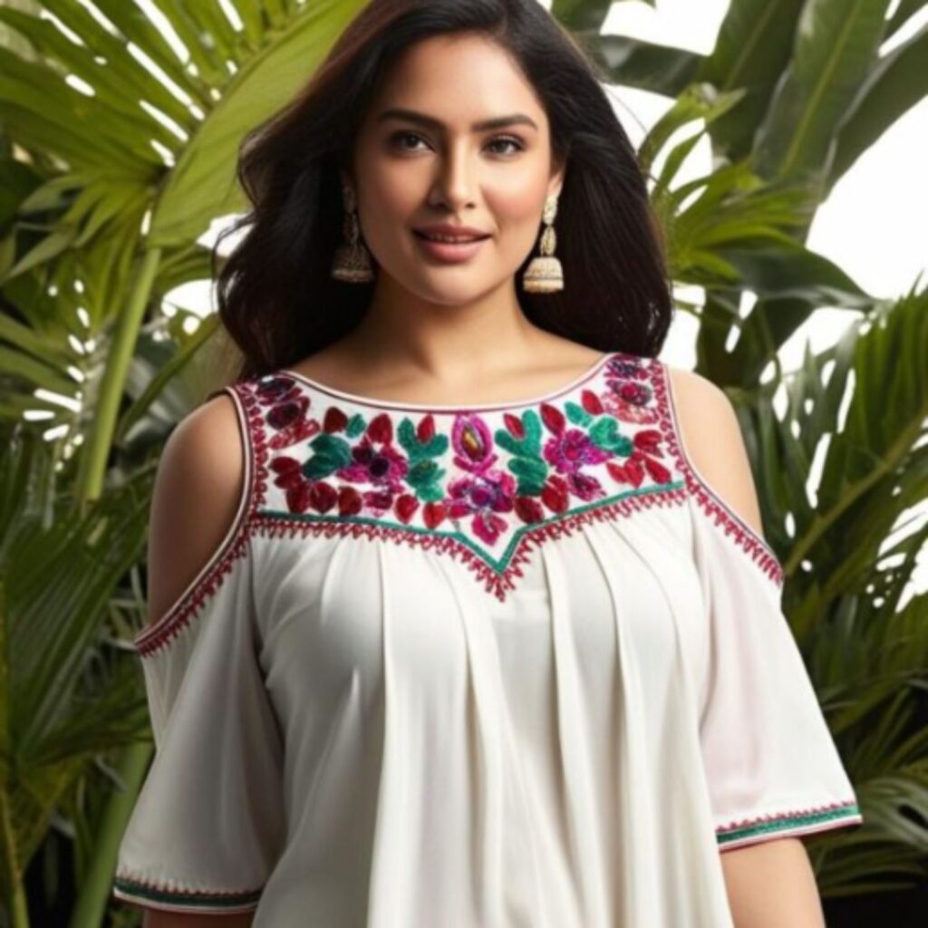 Trendy Indian plus-size boat neck blouse with cold shoulders styled for a modern and chic summer occasion look.
