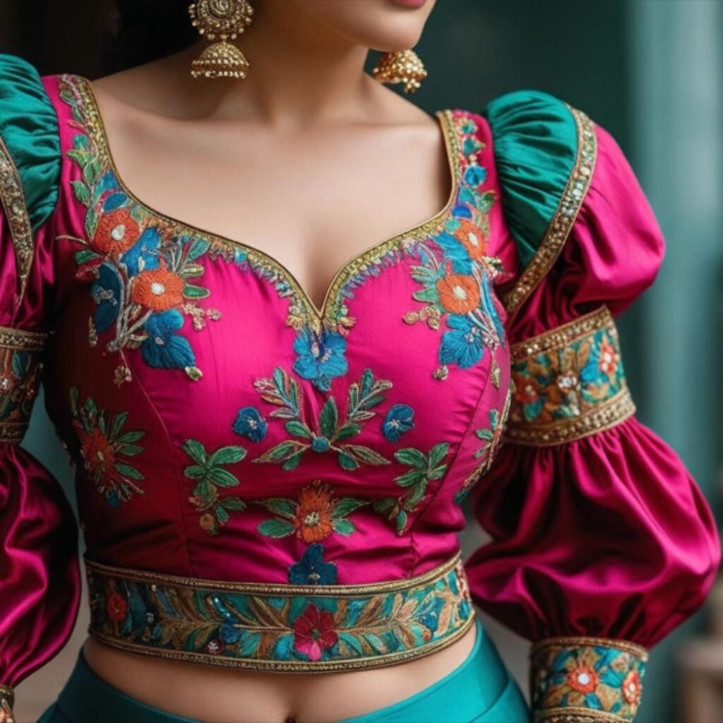 Trendy Indian plus-size blouse with puff sleeves adding drama and romance, styled for a special occasion look.