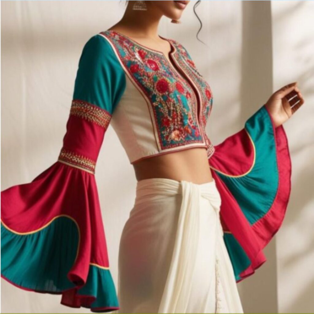 Trendy Indian plus-size blouse with bell sleeves styled to create a flowing, ethereal, and bohemian-inspired look.
