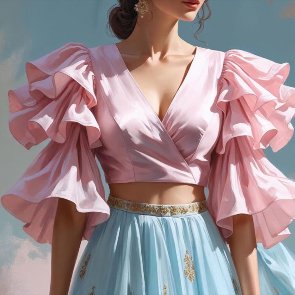 Ruffle sleeves add a playful, feminine touch to blouses, perfect for casual or semi-formal occasions. They pair beautifully with light lehengas or skirts.