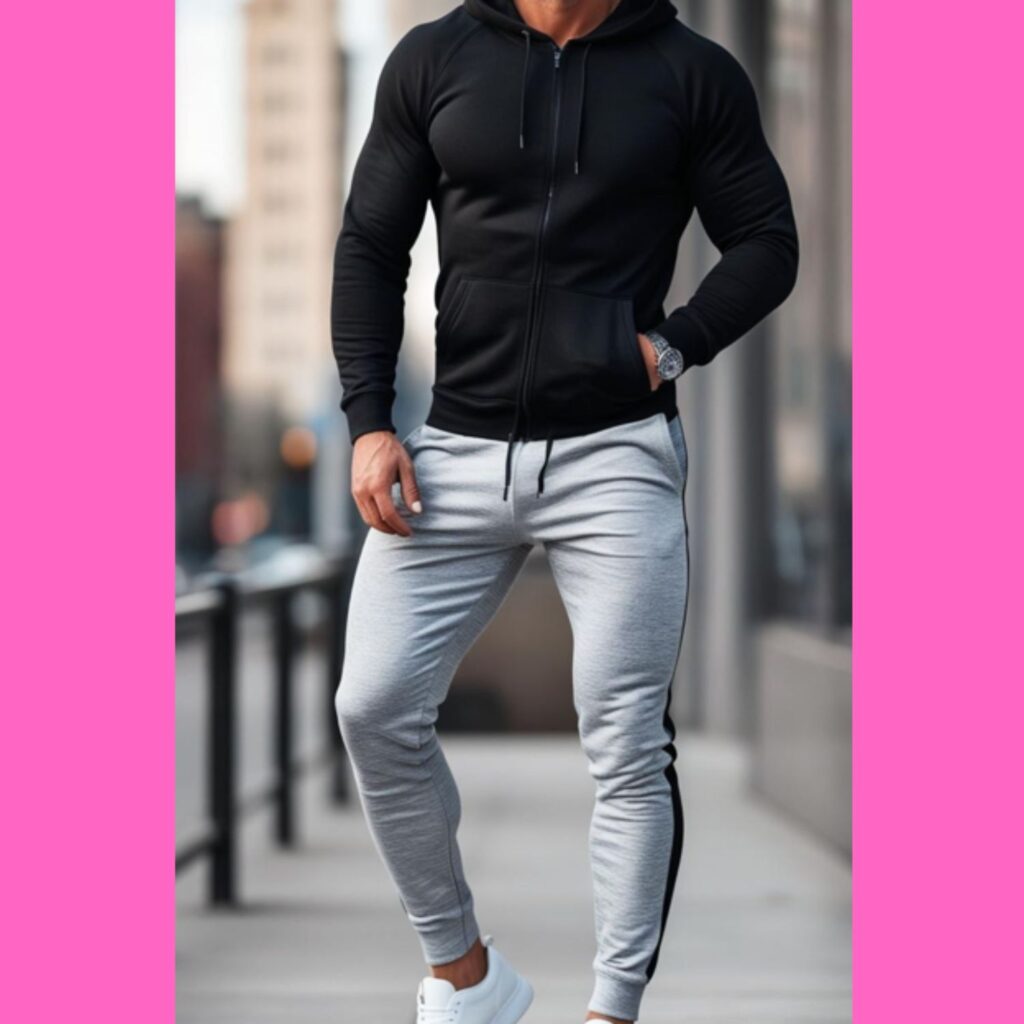Generate an image of a man wearing gray joggers, white sneakers, and a black hoodie.