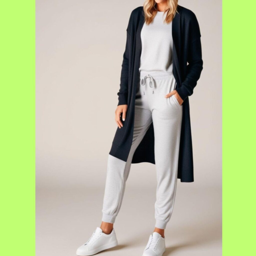 Generate an image of a person wearing gray joggers, white sneakers, and an oversized black cardigan with a matching beanie.
