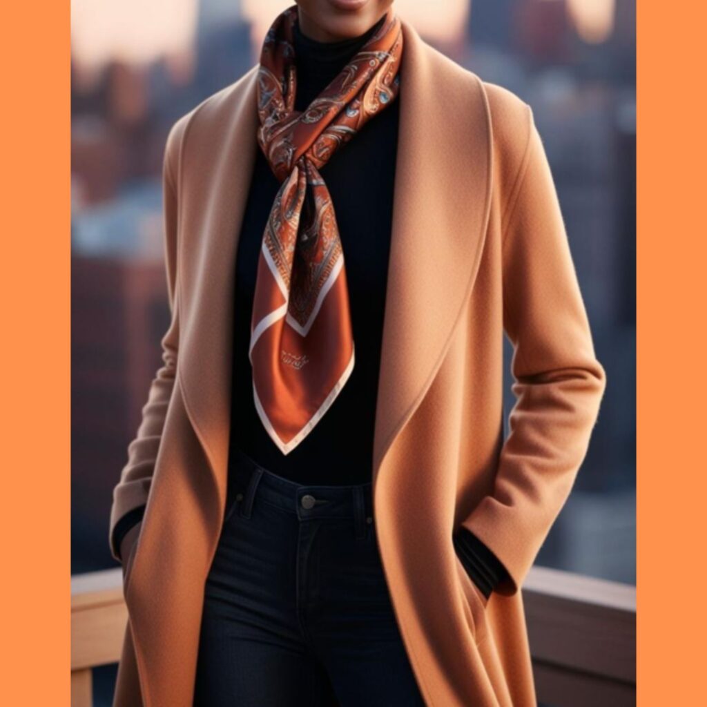 Generate an image of a stunning person wearing a long, camel-colored coat over a black turtleneck and blue jeans, accessorized with a stylish scarf and beanie.