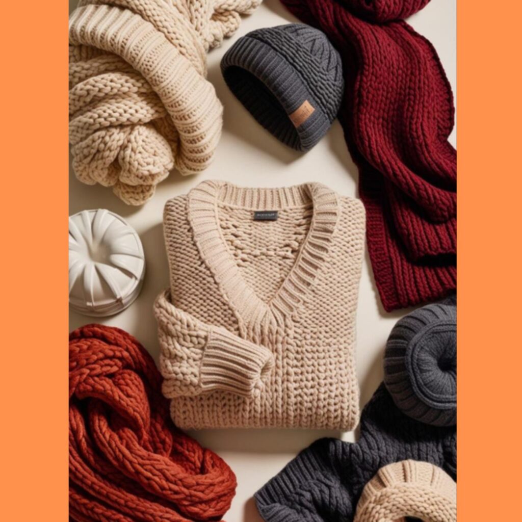 Chunky knit sweaters, scarves, and beanies are showcased, emphasizing a cozy and stylish winter aesthetic for warmth and fashion.