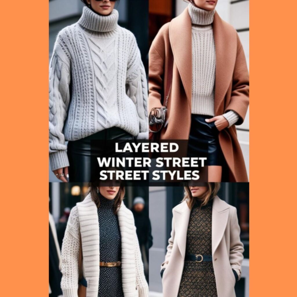 Layered textures and fabrics are featured, like a sweater over a turtleneck or a jacket over a dress, exemplifying creative Winter Street Styles.