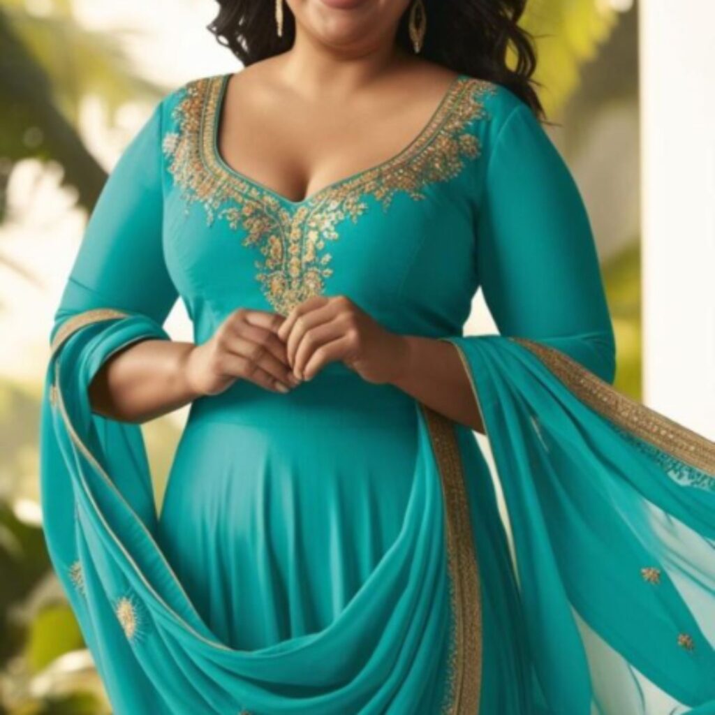 Generate an image of a plus-size woman wearing a flowing Anarkali suit in a vibrant color.