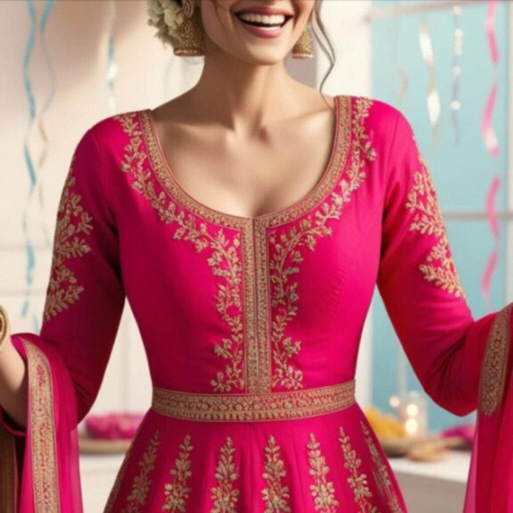 Generate an image of a beautiful woman wearing a vibrant pink Anarkali suit with gold embroidery, celebrating her birthday.