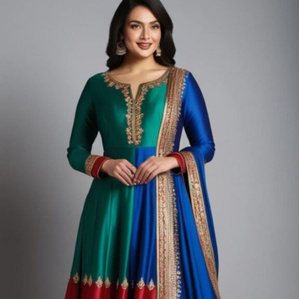 Trendy Indian plus-size Anarkali suit featuring vibrant colors and intricate embroidery, ideal for birthday celebrations and festive gatherings with elegance.