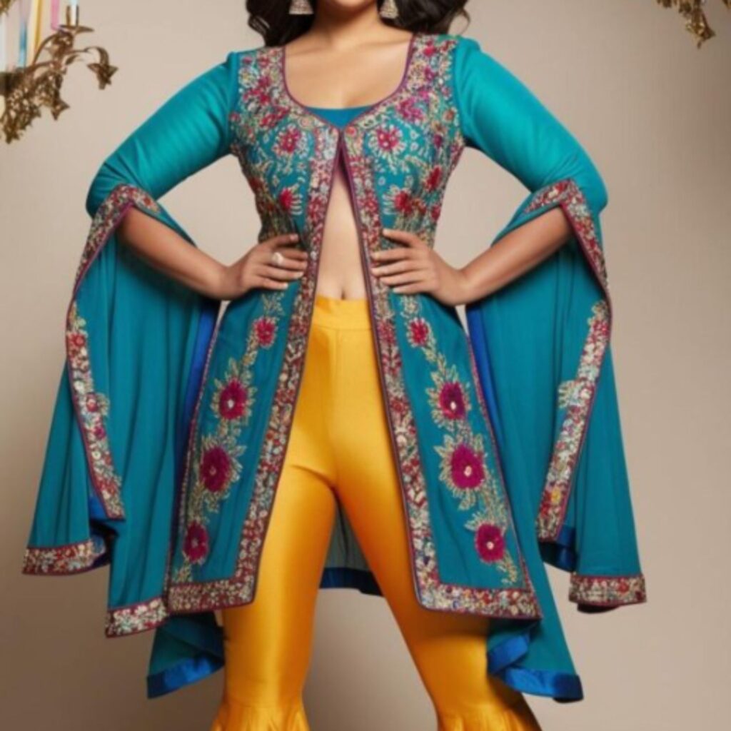 Trendy Indian plus-size sharara set with flared pants and a flowing embroidered top, styled for birthday celebrations with a graceful and elegant appearance.