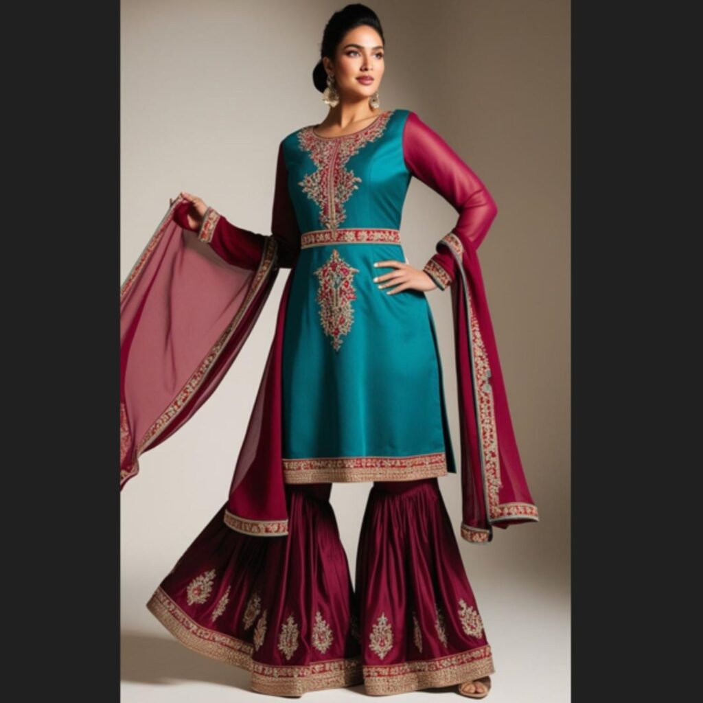 Trendy Indian plus-size sharara set with flowing silhouette styled for a graceful and elegant Eid celebration look.