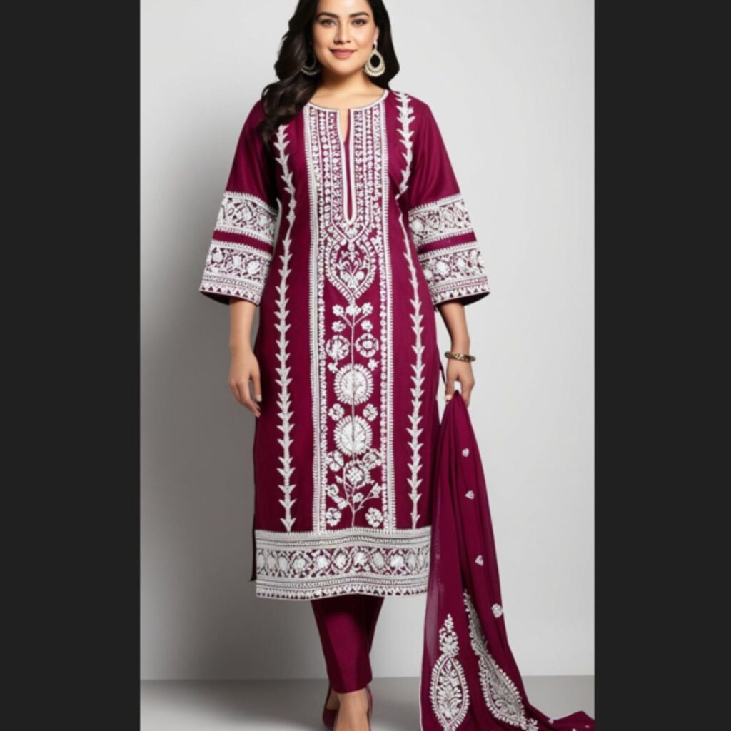 Trendy Indian plus-size outfit featuring chikankari embroidery on kurta, salwar suit, and dupatta for elegant style.