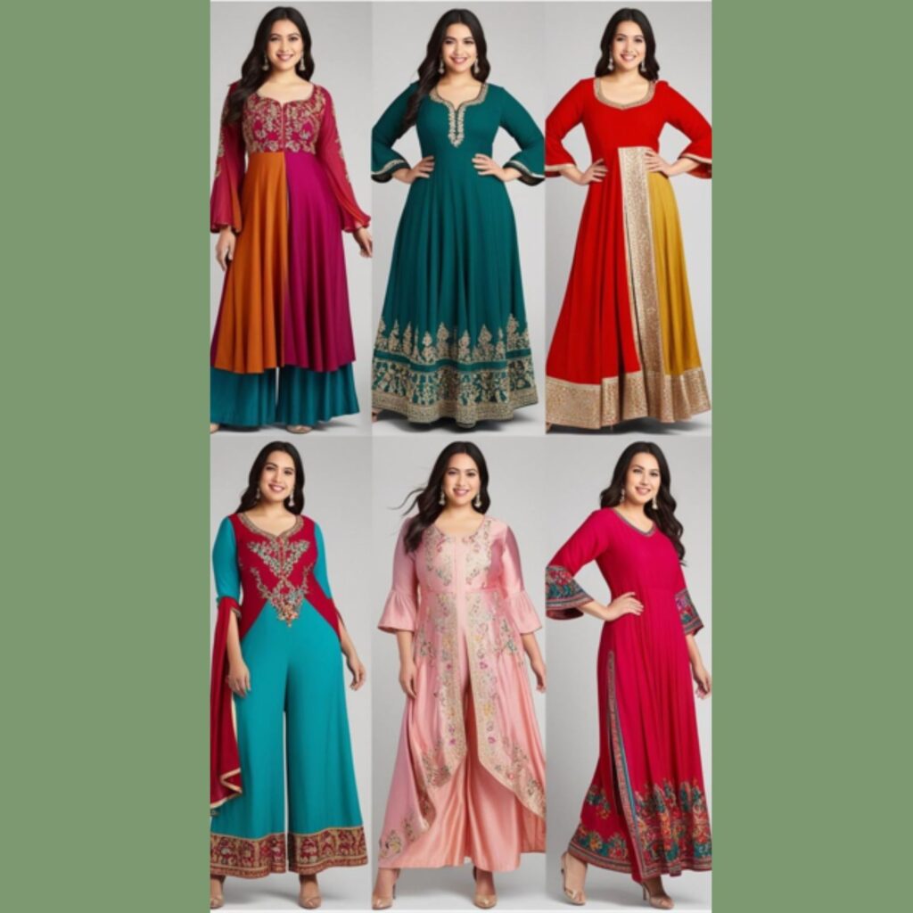 Flowing silhouettes like Anarkali suits and palazzo pants flatter plus-size figures with comfort, light fabrics, and trendy outfits Indian for a stylish, confident look.