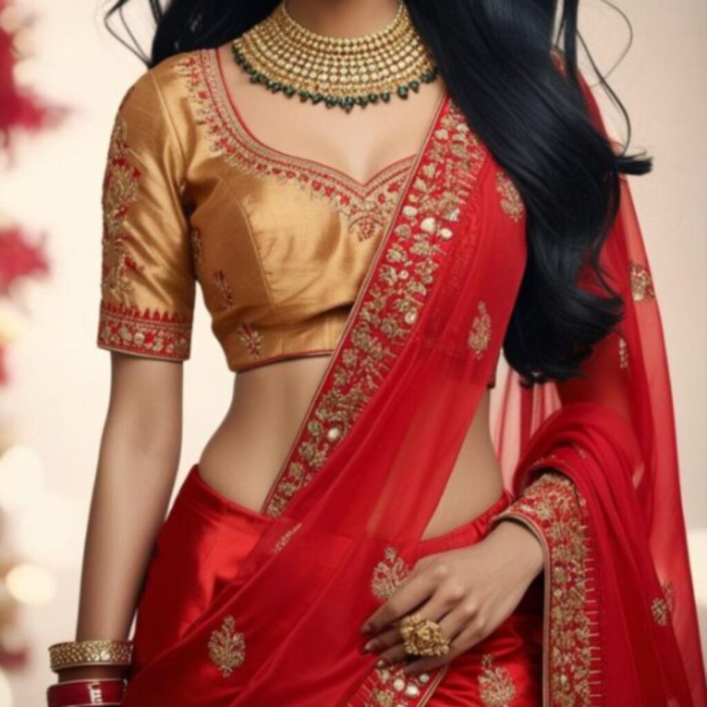 Generate an image of a stunning woman wearing a red lehenga with a golden embroidered blouse and intricate jewelry.