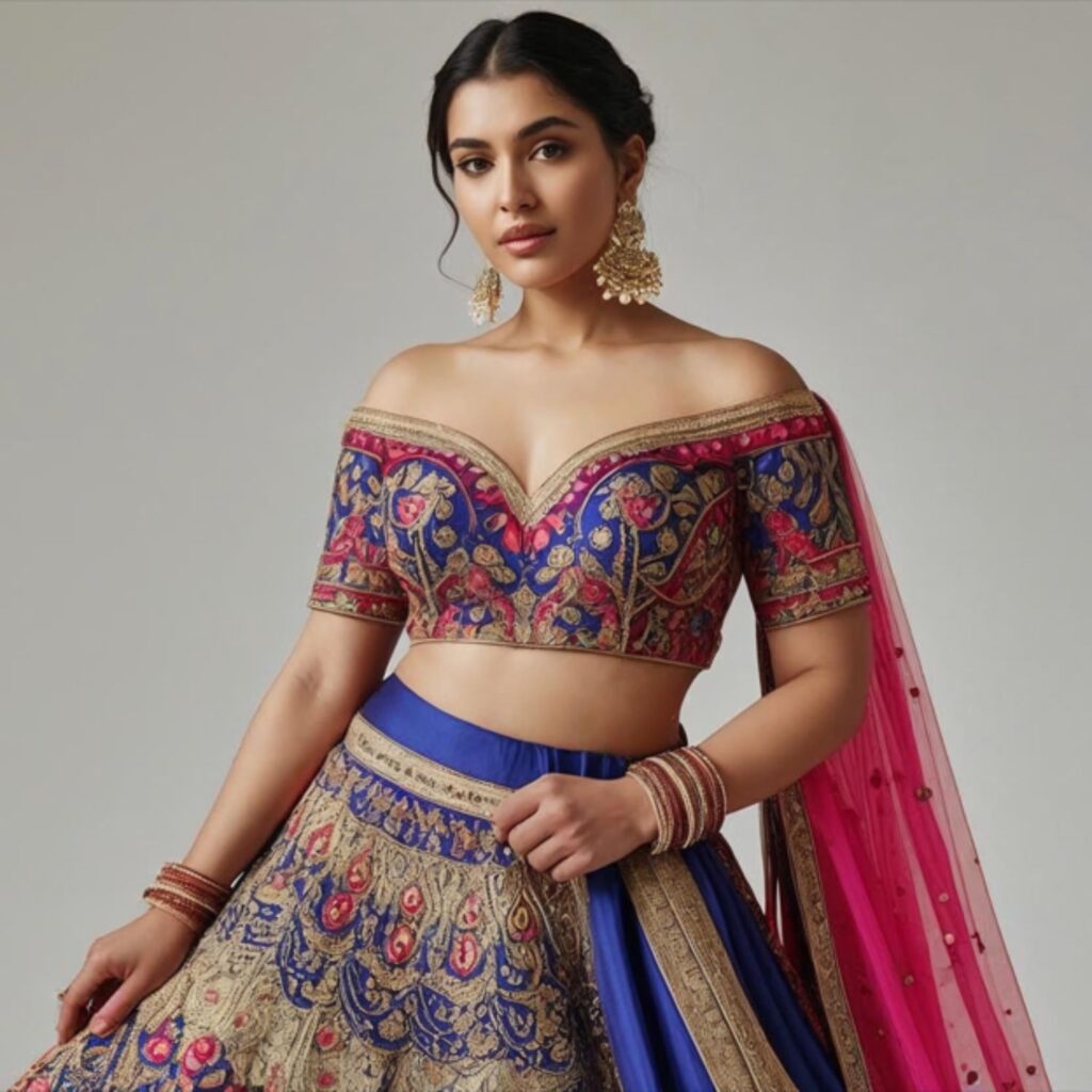 Trendy Indian plus-size lehenga outfit with off-shoulder blouse, blending modern design and ethnic elegance.