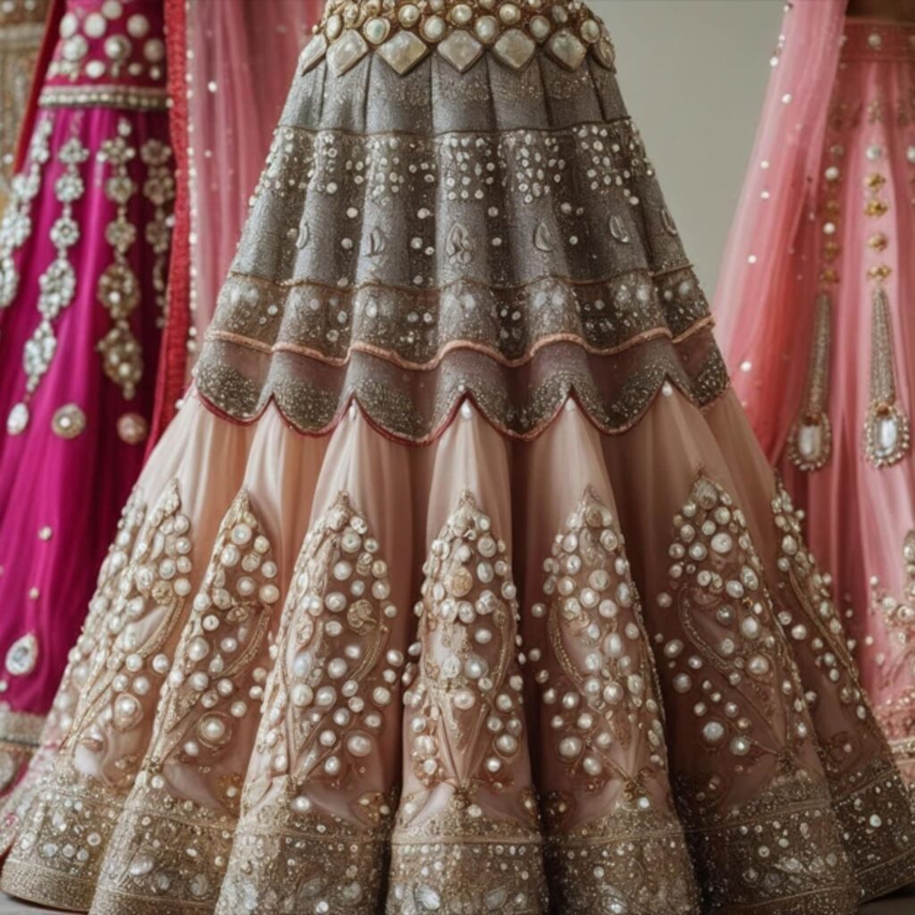 Lehengas with intricate embroidery, sequins, and beadwork create a glamorous look, perfect for weddings or parties, offering trendy outfits Indian that shine with elegance.