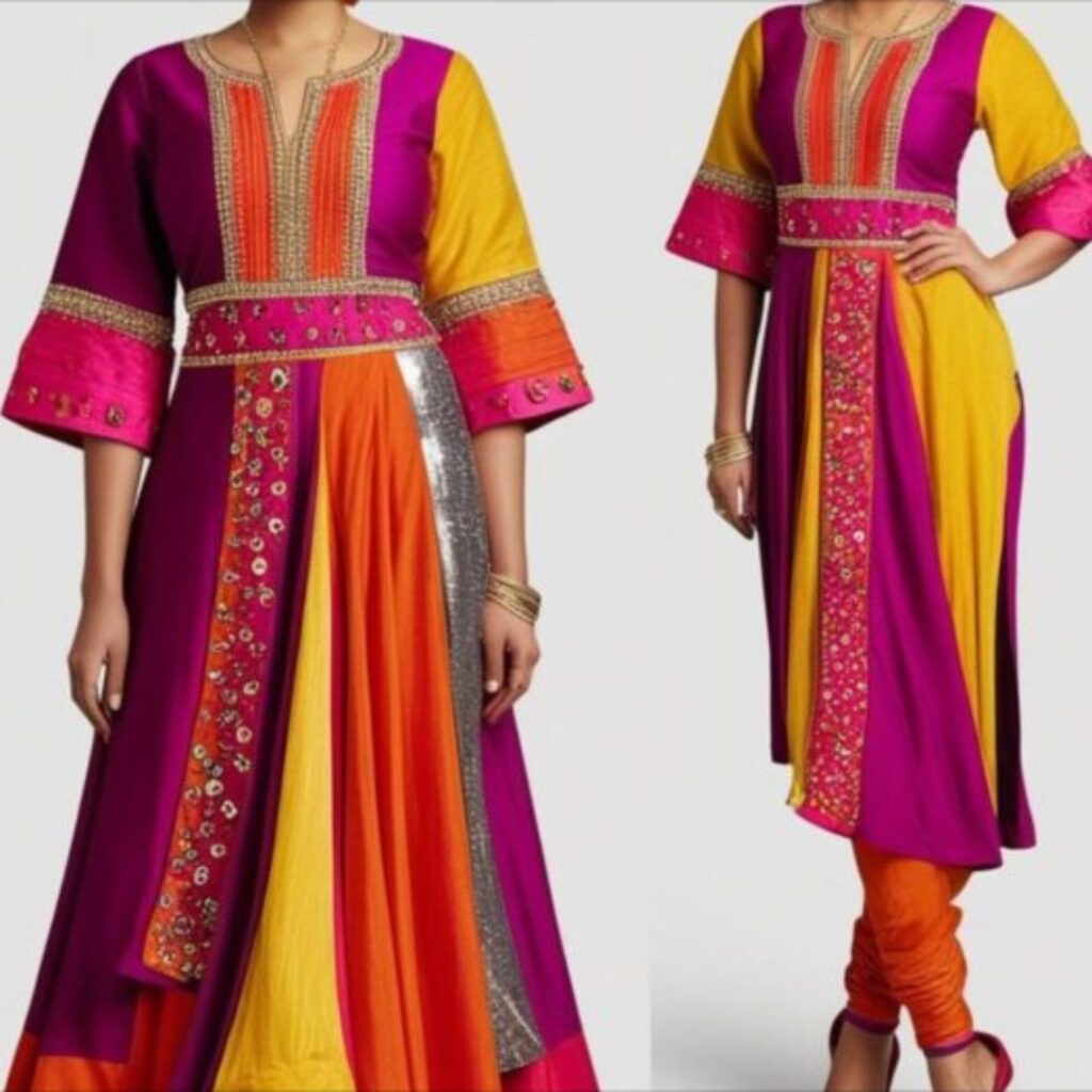 Trendy Indian plus-size outfit featuring bold color combinations with contrasting and complementary shades.