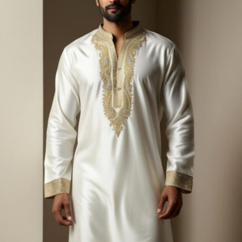 Generate an image of a man wearing a white kurta pyjama set with intricate embroidery.