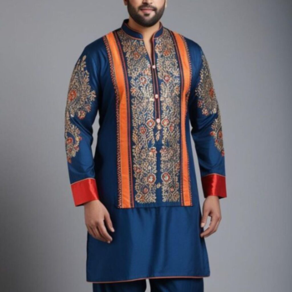 Trendy Indian kurta pyjama outfit for plus-size men featuring intricate embroidery, vibrant colors, and comfortable fabric perfect for festive or casual wear.