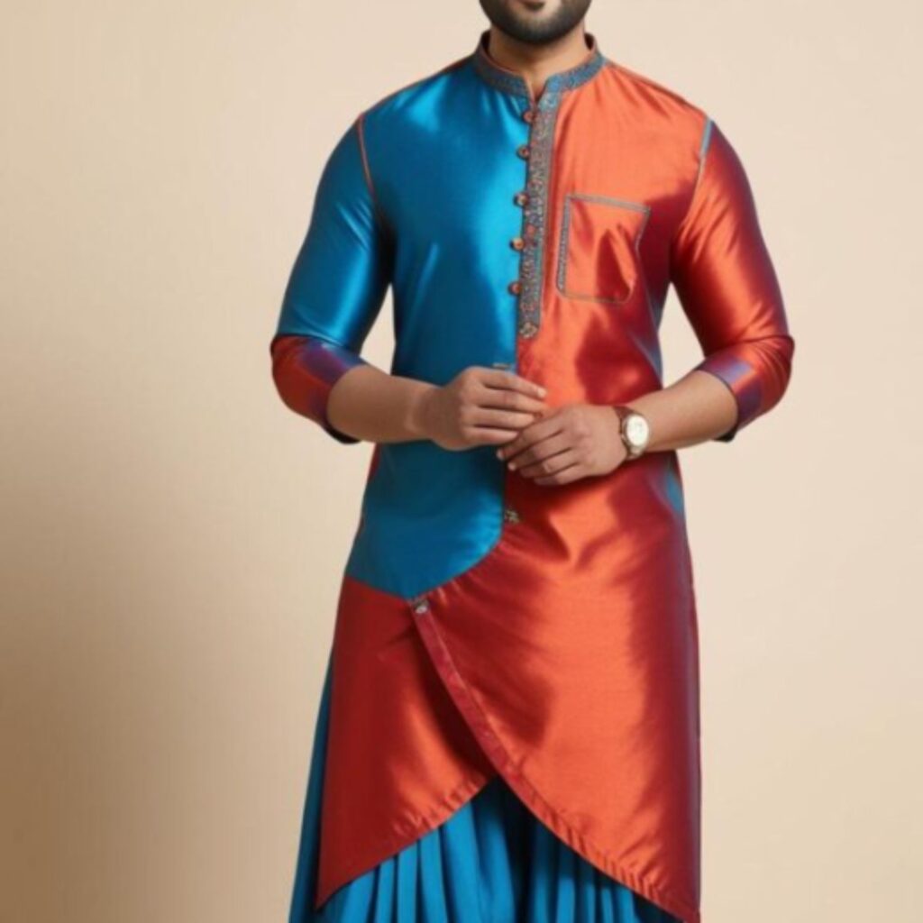 Trendy Indian plus-size outfit for men featuring dhoti pants styled with a kurta, blending traditional elegance and modern comfort for a fashionable ethnic look.