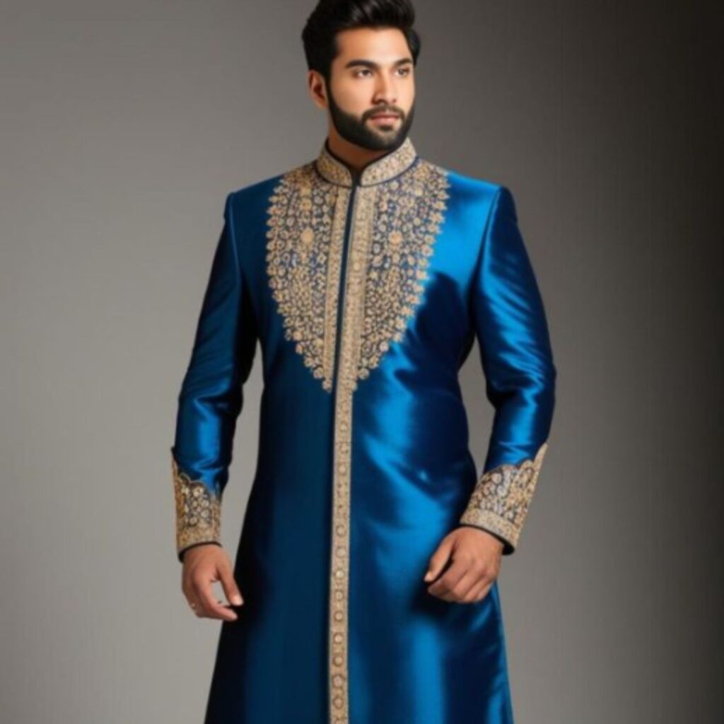 Trendy Indian plus-size sherwani outfit for weddings featuring rich fabric, detailed embellishments, and a modern silhouette perfect for elegant special occasions.